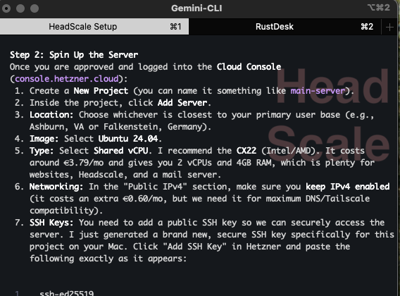 iTerm2 showing HeadScale and RustDesk badges as large faint watermarks in terminal tabs